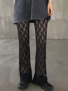 FRIFUL 女士时尚蕾丝面料紧身裤喇叭裤，透明夏季长裤 - 黑色 - 查看 2