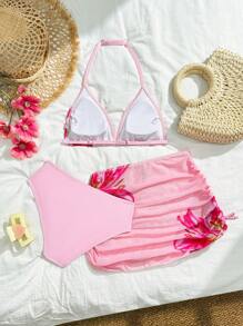 SHEIN 少女三件套花卉印花三角比基尼泳装，带露背领口设计和沙滩裙罩衫，适合度假、复古、海滩、海洋、优雅、可爱 - 彩色 - 查看 2