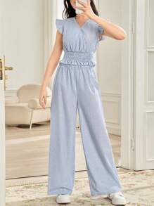 SHEIN Teen Girls 2pcs Set: Comfortable Woven Blue And White Striped Cap Sleeve Blouse And Elastic Waist Wide Leg Pants, Casual Daily Wear, Beach/Resort Vacation
