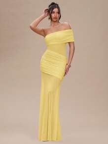 SHEIN BAE Váy dài xếp ly màu mơ trơn gợi cảm xuyên thấu cho nữ mùa hè - Màu vàng - Xem 3