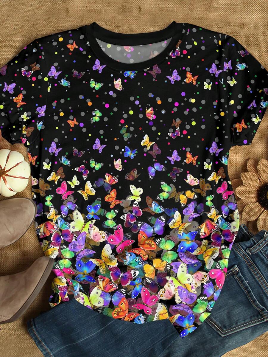 SHEIN LUNE 大码女式彩色蝴蝶印花 T 恤，夏季女装，圆点印花 T 恤，可爱夏季上衣，大码女式图案 T 恤，休闲装 - 彩色 - 查看 1