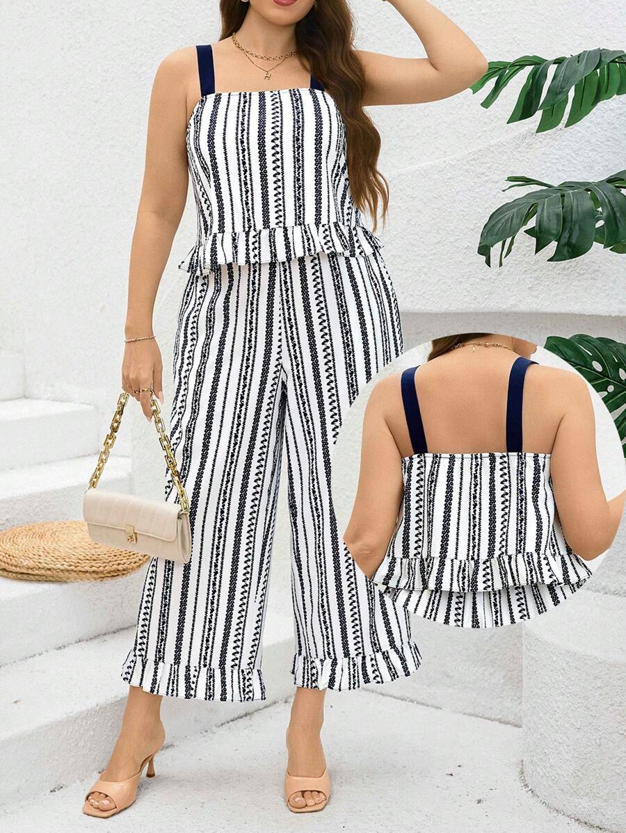 SHEIN Clasi Bộ 2 chiếc/Bộ áo hai dây in họa tiết sọc thanh lịch cỡ lớn và quần dài, Quần áo mùa hè cho nữ Bộ đồ hai mảnh cho nữ, Quần áo mùa hè cho nữ, Trang phục công sở thường ngày cho nữ, Trang phục thập niên 90, Quần rộng thùng thình, Bộ đồ công sở cho nữ, Trang phục mùa hè, Kỳ nghỉ, Trang phục công sở thường ngày cho nữ, BOHO, Khiêm tốn, Tốt nghiệp, Quần, Thích hợp cho nơi làm việc, Trà chiều, Hẹn hò, Hòa nhạc, Tiệc tùng, Phong cách đại học cổ điển - Xanh và trắng - Xem 1