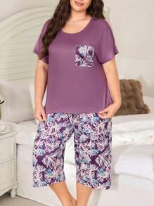 SHEIN Ensemble de pyjama casual à imprimé floral en grande taille pour femmes