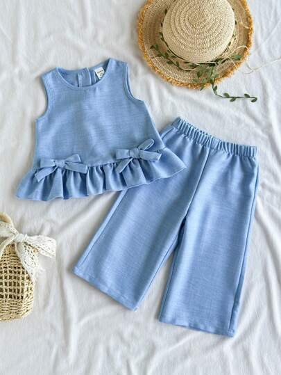 Vintaside Kids 2pcs/Set Baby Girl Casual Cute Bow Sleeveless Top And Pants Set
