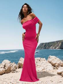 Opulessa Rochie cu umeri goi și spate deschis, mulată din tricot, perfectă pentru vacanță, plajă, petrecere, eveniment formal, ținute de primăvară/vară - Roz fierbinte - Vizualizare 3