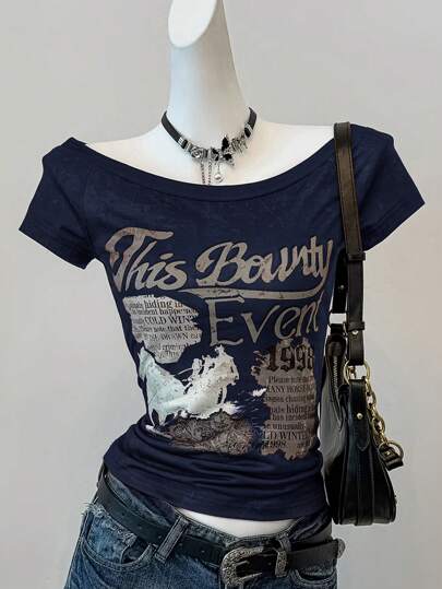 SHEIN EZwear Summer Navy Blue Printed Knit Off Shoulder Tee