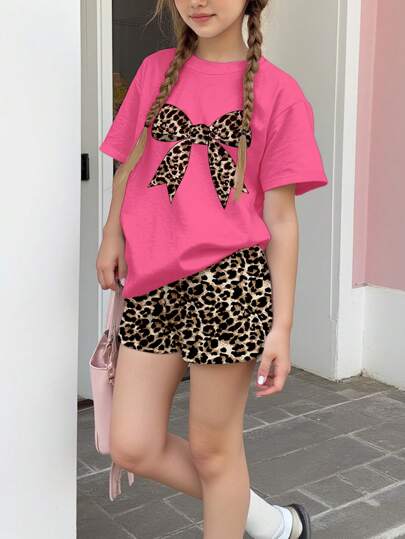 SHEIN Leap Crew Conjunto de 2 piezas de top de manga corta y pantalones cortos minimalista casual para niñas preadolescentes, apropiado para el verano