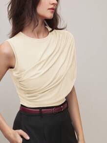 BizChic 2025 Summer New Cream Yellow Ruched Design Batwing Sleeve Women's Top T-Shirt, Business Casual Daily Commute Elegant Beach Resort Suitable For Wedding Guests, Country Music Festival, Brunch, Airport, 90s Retro Stockholm Style, American Independence Day - Apricot - View 3