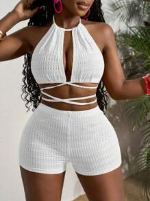 Slaydiva Conjunto de 2 piezas de mujer talla grande: Bikini con cruce y amarre, y top corto mini - Blanco - Ver 1