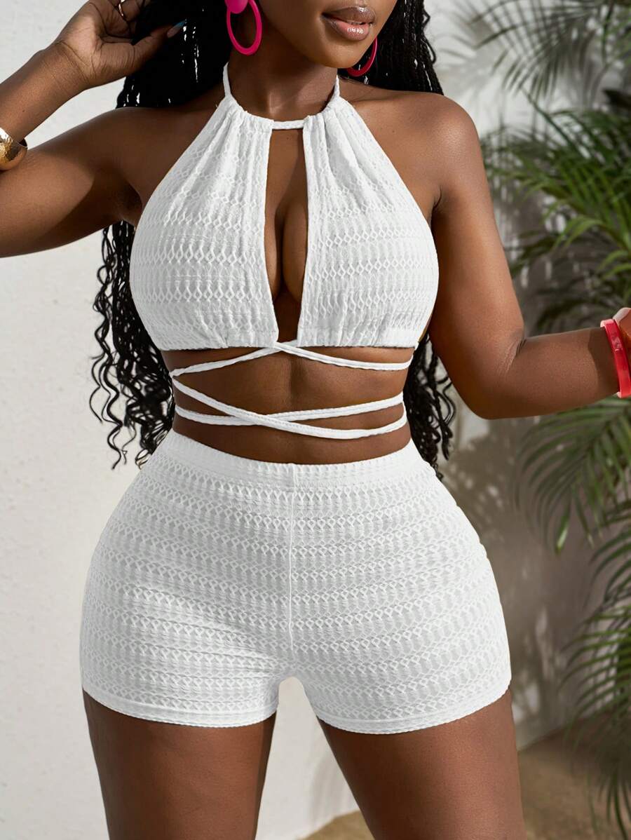 Slaydiva Conjunto de 2 piezas de mujer talla grande: Bikini con cruce y amarre, y top corto mini - Blanco - Ver 1