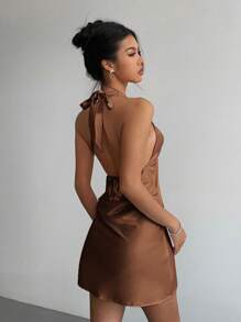 Aloruh Women's Neck Tie Elegant Mini Dress