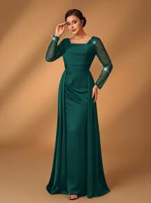 Serin Elegant Luxurious Transparent Long Sleeve Satin Splice Mermaid Beaded & Sequins Shawl, Suitable For Wedding, Party, Holiday, Banquet, Bride, Mother Dress - Dark Green - View 5