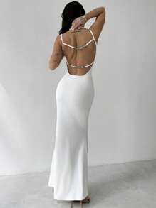 Firerie Vestido largo ajustado de novia, con tirantes de espagueti y espalda descubierta, decorado con perlas blancas, para vacaciones de verano, fiestas, bodas y eventos elegantes - Blanco - Ver 8