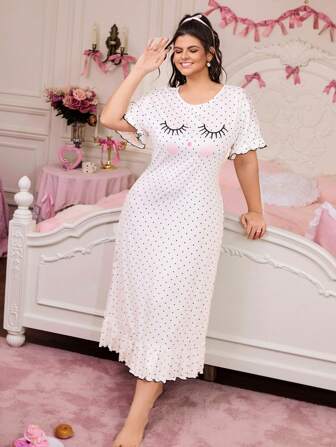 SweetSlumber 甜美可爱波尔卡圆点睫毛装饰休闲长裙，加大码睡袍娃娃装节日季