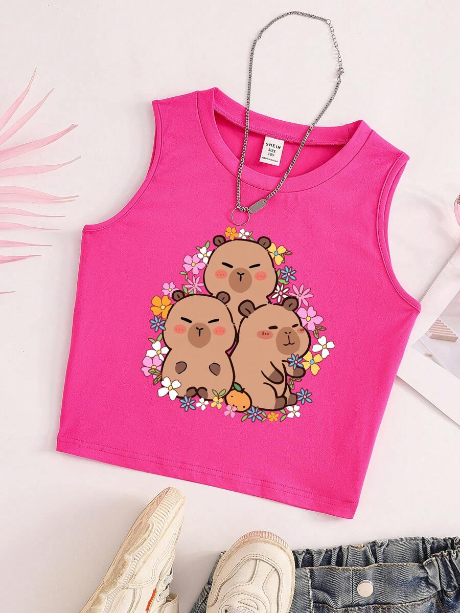 Tween Girls' Capybara & Flower Print Crew Neck Cute Tank Top, Cute Tops For Kids Cute Tank Tops For Kids - Hot Pink - View 1