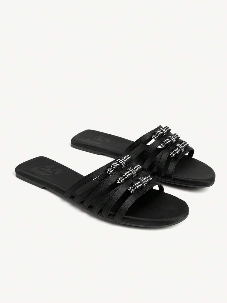 CUCCOO CHICEST Women's Shiny Rhinestone Bow Decor Multi-Strap Round Toe Flat Elegant Casual Black Sandals,Slip-On Flat Beach Shoes,Suitable For Vacation, Hawaii Island Style