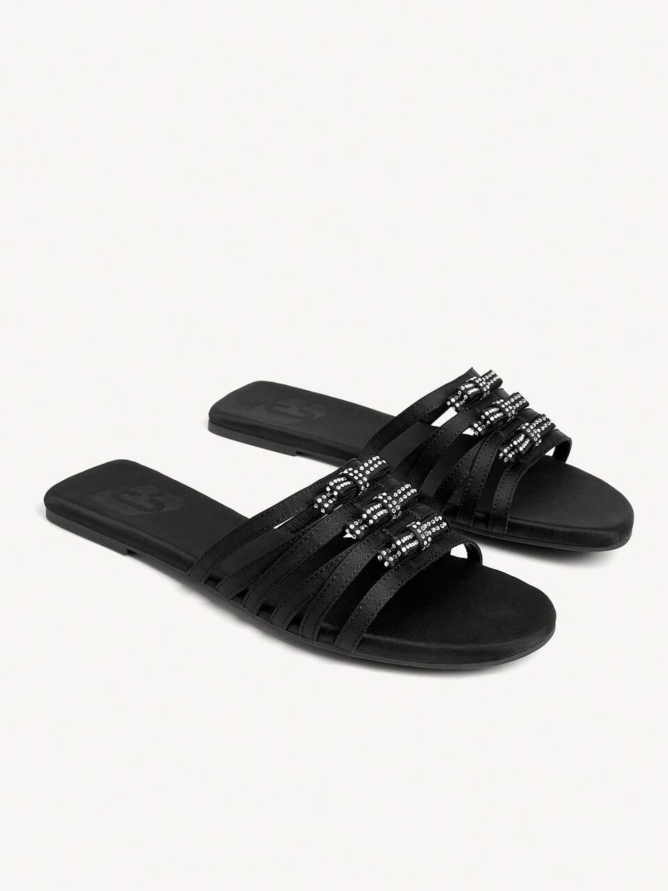 CUCCOO CHICEST Women's Shiny Rhinestone Bow Decor Multi-Strap Round Toe Flat Elegant Casual Black Sandals,Slip-On Flat Beach Shoes,Suitable For Vacation, Hawaii Island Style