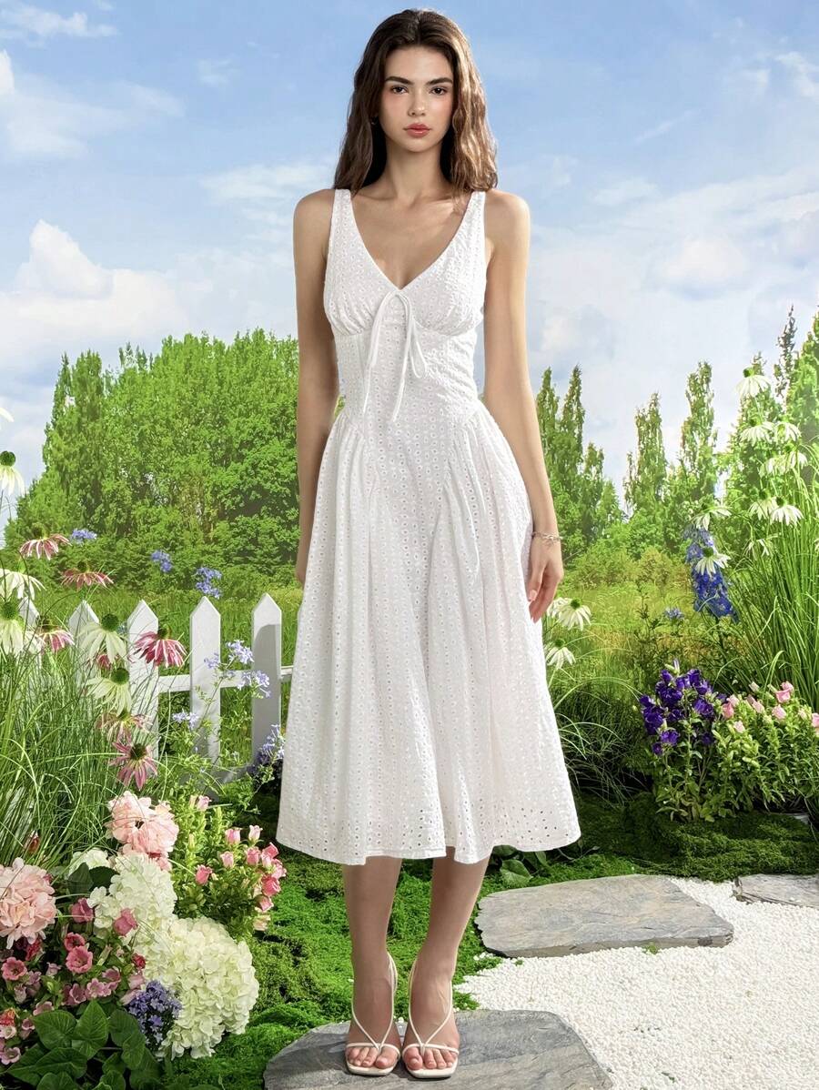 SHEIN EZwear 女士优雅纯色镂空刺绣中长连衣裙波西米亚风女装