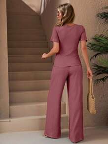 EURMUSE 纯色纹理 T 恤和弹力紧身腰直筒纹理裤子套装 - 藕粉色 - 查看 2