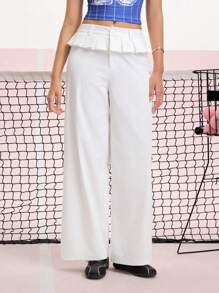 SHEIN MOD White Pleated Ruffle Trim Adorable Straight Leg Pants - White - View 1