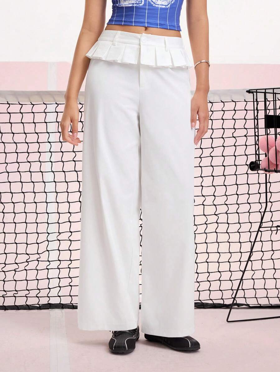 SHEIN MOD White Pleated Ruffle Trim Adorable Straight Leg Pants - White - View 1