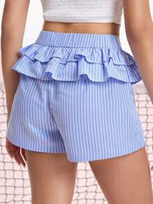 SHEIN MOD Blue Striped Ruffled Hem Cute Academic Shorts - Blue and White - View 2