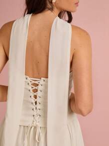 Enchnt Váy maxi công chúa ống chéo lưng xếp ly viền kem màu trắng lãng mạn mùa xuân/hè dành cho nữ kèm ruy băng, ngọt ngào và thanh lịch cho kỳ nghỉ, ngày lễ, ngày lễ, tiệc tùng, lễ tốt nghiệp và khách dự tiệc cưới, bãi biển và tiệc tối, váy dạ hội, váy mùa hè cho nữ, váy chống nắng cho nữ, quần áo mùa hè, váy thanh lịch cho tiệc tùng - Màu be - Xem 2