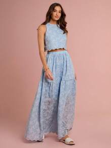 Enchnt Completo di due pezzi da donna romantico per primavera/estate, composto da un corpetto e una gonna lunga ricamati con motivi floreali in colore blu pastello, dolce ed elegante, adatto per vacanze, appuntamenti, giorni festivi, feste, lauree, matrimoni, spiaggia, outfit estivi da donna