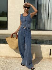 Livesso Summer New Loose Casual Denim Music Festival Women Denim Outfit - Blue - View 5