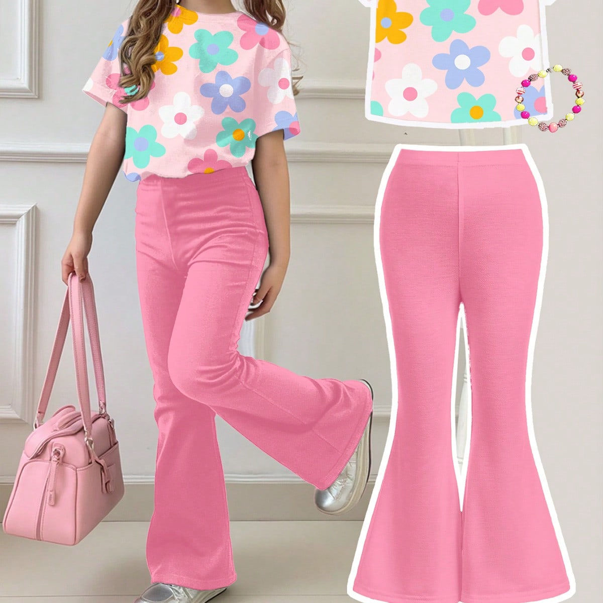 Set de 2 piezas de top de manga corta de cuello redondo con gráfico de dibujos animados y pantalones campana estilo casual con estampado de flores li