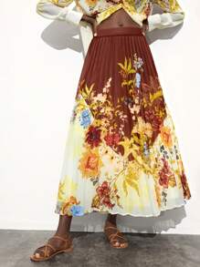 Maija 女士花卉印花百褶长款休闲裙，适合度假装，女士沙滩装，女士度假装，波西米亚风服装，女士度假装，女士波西米亚风裙子，波西米亚风女装，波西米亚风女装 - 卡其色 - 查看 9