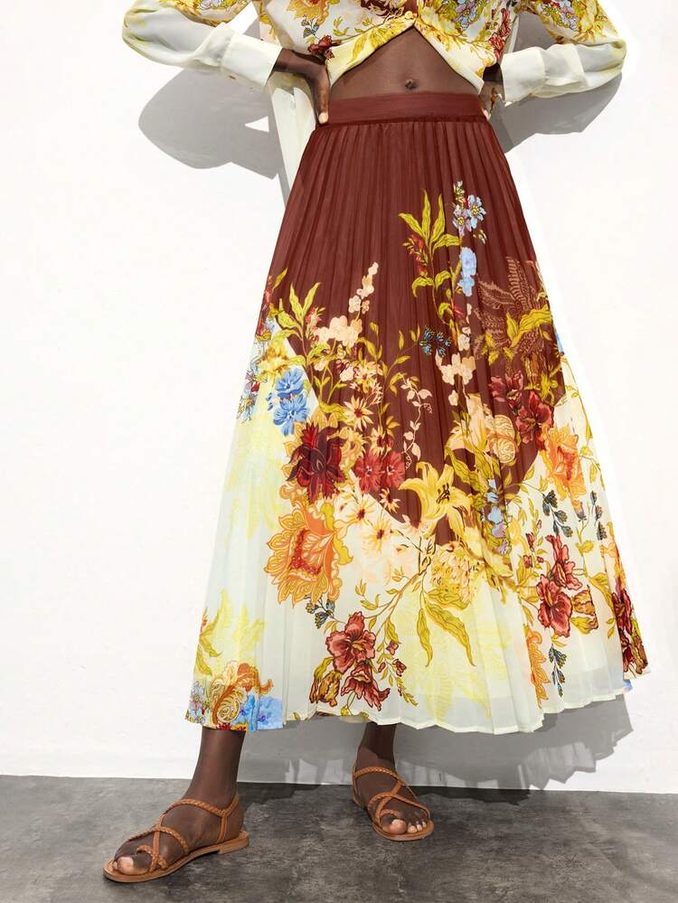 SHEIN Maija Women Floral Print Pleated Long Casual Skirt For Holiday Vacation Outfits Woman Beach Outfits For Woman Vacation Outfits Boho Clothes Women Resort Wear Women Boho Skirt Maxi Skirts Boho Women Clothing Bohemian Clothes For Women