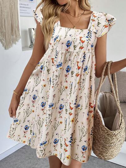 Breezaya Vestido Curto Casual de Verão Feminino, Com Decote em Formato de Colher e Silhueta em A, Estampa Floral