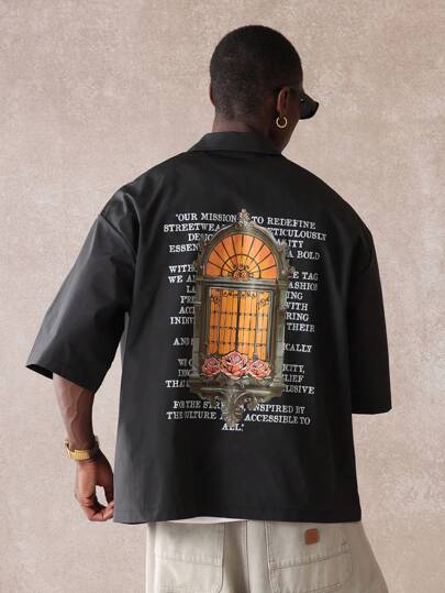 SUMWON 街头风格宽松纽扣短袖休闲衬衫，搭配哥特式窗玫瑰印花，使命宣言美学都市时尚，夏季春季