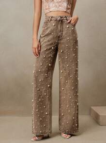 SHEIN X Jwoww Anewsta 女士棕色高腰串珠直筒宽松阔腿裤，时尚百搭，适合春夏、情人节、派对、节日、优雅场合、假日和度假穿着。 - 棕色 - 查看 6