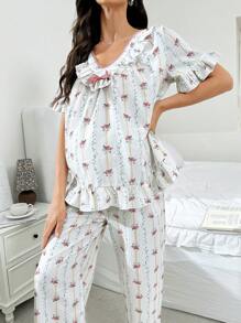 Moonlight&Mama Maternity Countryside Style Ditsy Floral V-Neck Ruffle Trim Short Sleeve Pajama Set For Pregnant Women Holiday Season - Multicolor - View 4