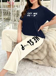 休闲字母睫毛印花大码睡衣套装 - 藏蓝色 - 查看 1