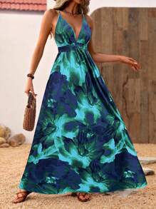 Breezaya 女款花卉印花V领细肩带长款度假海滩装 - 綠色 - 查看 4