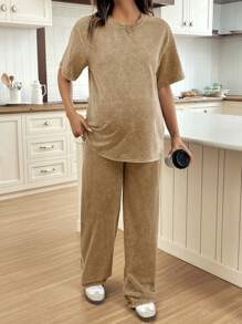 SHEIN Maternity Casual Round Neck Short Sleeve Top And Straight Leg Pants Set, Distressed Washed Relaxed Fit - Khaki - View 7