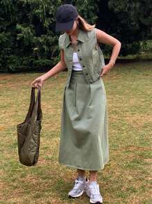 Livesso 2pcs Women Solid Fitted Sleeveless Jacket Vest & Skirt Denim Set,Fall Clothes - Army Green - View 1