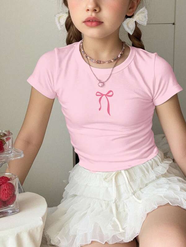 SHEIN Tween Girls Butterfly Print Fitted Casual Knit Pink Round Neck Ruffle Short Sleeve T-Shirt, Suitable For Summer