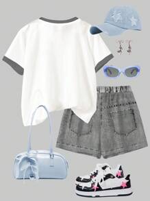 SHEIN Leap Crew 青少年女孩休闲简约短袖上衣和短裤两件套，适合夏季 - 彩色 - 查看 2