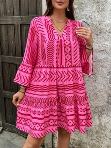 SHEIN VCAY 大码长袖连衣裙，夏季时尚 - 粉色 - 查看 7