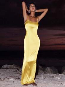 Opulessa 女士度假纯色梭织吊带紧身连衣裙 - 黃色 - 查看 3