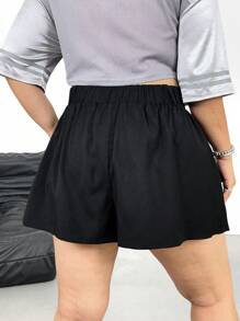 Flirla Plus Size Women High Waist Pleated A-Line Black Shorts, Elastic Waist, Minimalist Elegant Casual For Office Wear Summer - Black - View 2