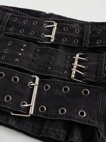 ROMWE Grunge Punk Spring/Summer Casual Black Y2K Vintage Punk Heavy Metal Rivet Grommets Decor Women Denim Mini Skirt - Dark Grey - View 4