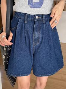 DAZY 纯色休闲百搭夏季宽松牛仔短裤，带口袋 - 深色水洗藍 - 查看 6