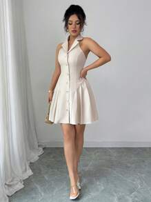 Elenzga Abito elegante romantico da donna con colletto, vita incintante e linea ad A, adatto per l'ufficio - Albicocca - Visualizzare 3