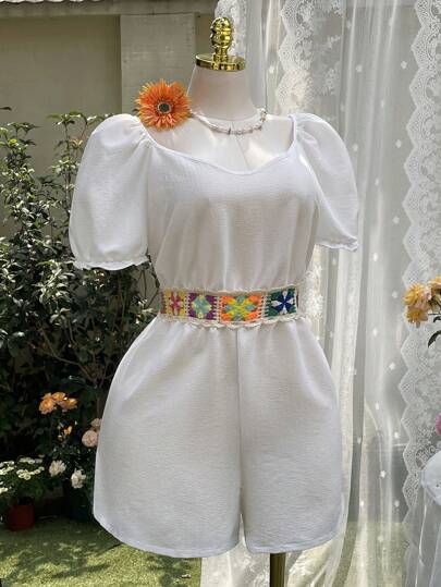 SHEIN EZwear 钩编花朵镂空撞色大码泡泡袖连体裤，春夏