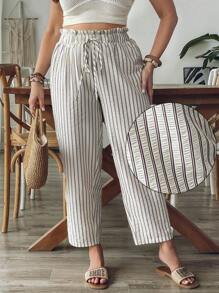 SHEIN VCAY Quần ống đứng cạp chun kẻ sọc cỡ lớn cho nữ, quần dài ngày lễ phong cách Bohemian giản dị cho tiệc hồ bơi, cô gái mùa hè theo phong cách Boho sang trọng, tiệc sáng muộn, sân bay, bãi biển, kỳ nghỉ, nghỉ ngơi trong thành phố, ngày lễ, trang phục miền Tây - trắng - Xem 1